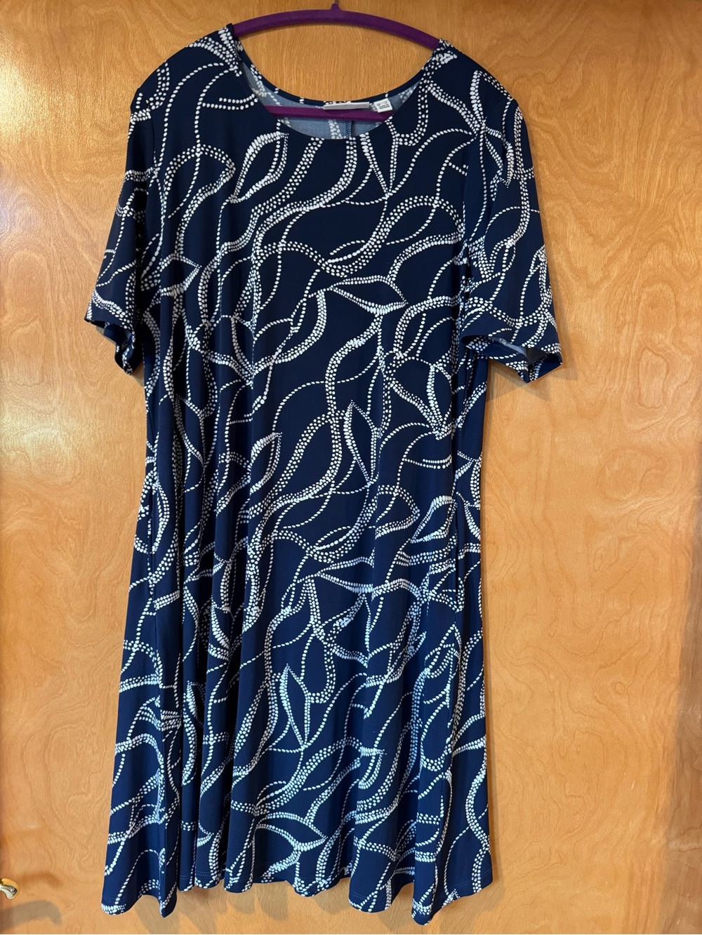 Susan Graver Navy Blue Midi Dress with White Leaf Dot Print